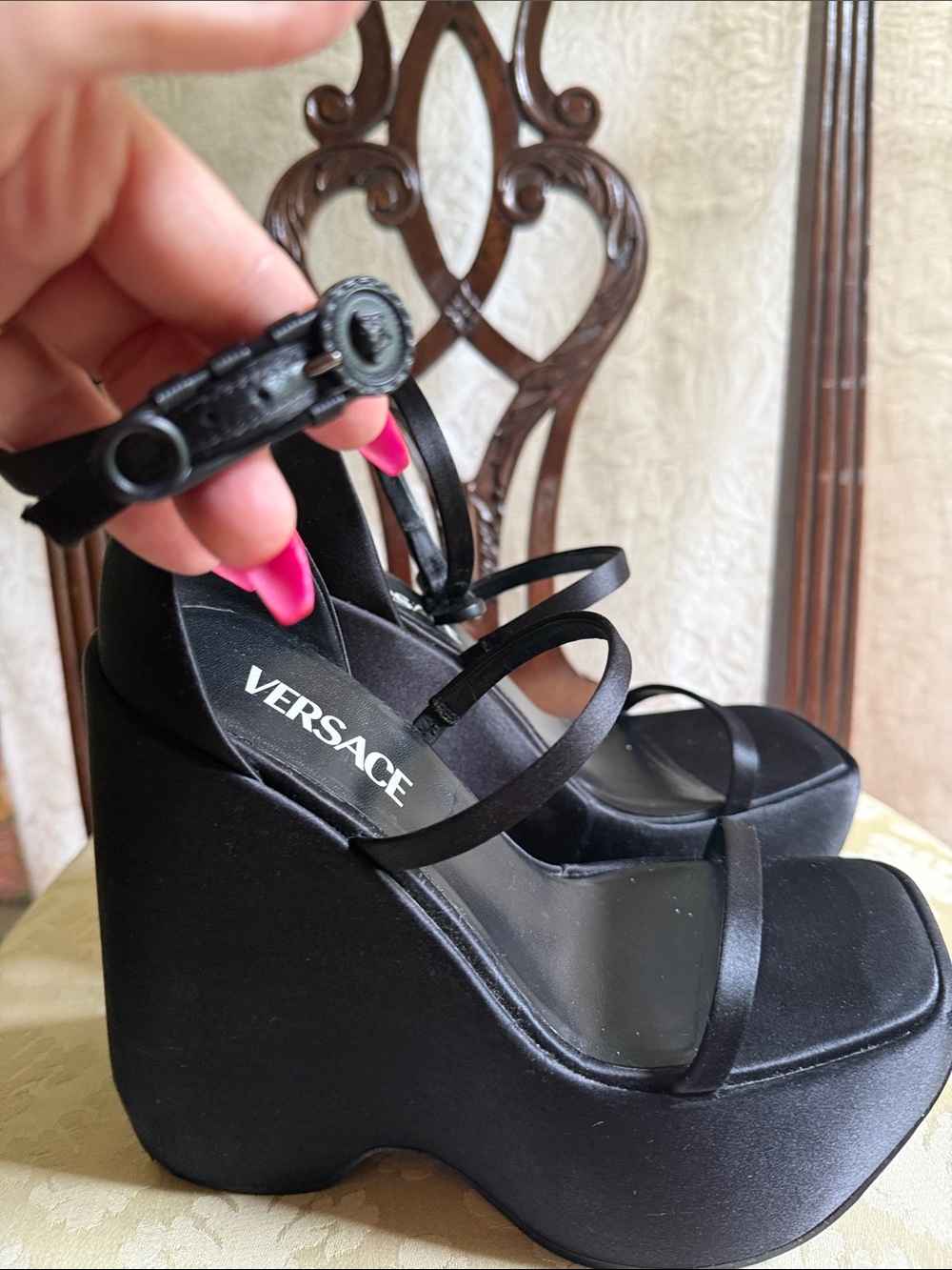 Versace Black Satin Platform Wedge 36 6